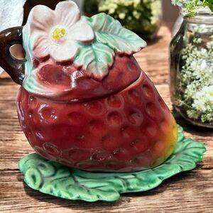 Vintage Strawberry with Blossom Attached underplate Condiment Jam Jar